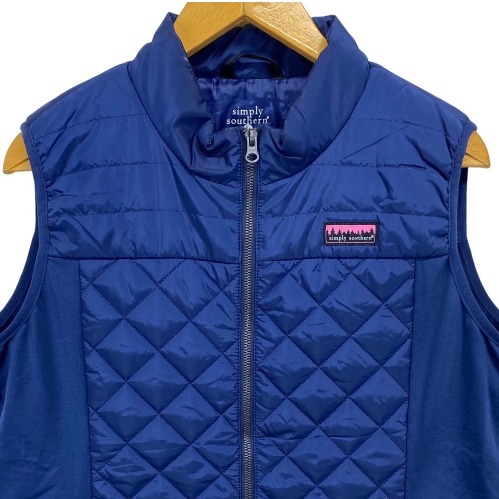 Simply Southern Quilted Puffer Vest Women LG ‎ Blue Zip Front Pockets Athleisure
